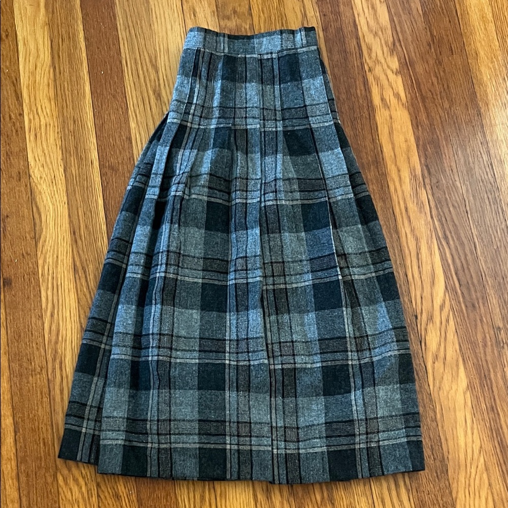Vintage Pleated Plaid Gray Wool Blend Fall Mid length Skirt